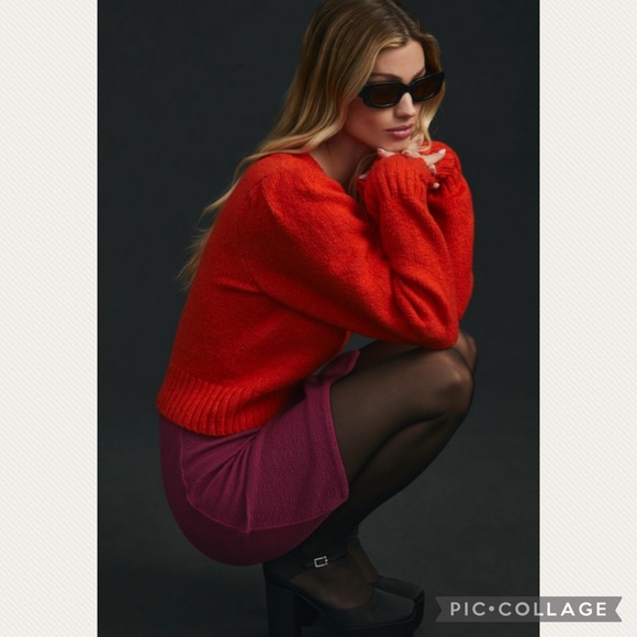 Anthropologie Sweaters - Anthropologie Maeve Crewneck Puff-Sleeve Sweater in Red